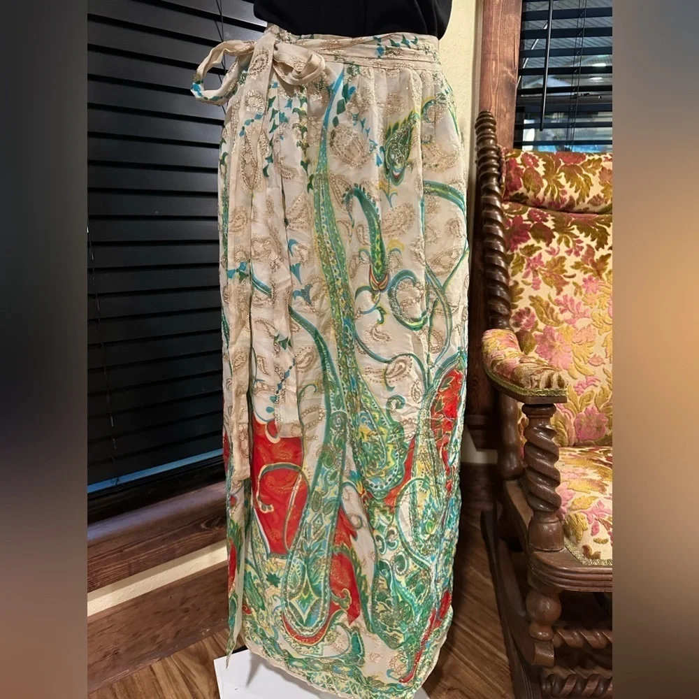 Emily Wetherby Silk Paisley Wrap Maxi Skirt Gold Metallic Boho Glam Luxury